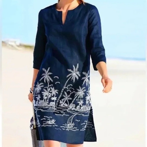 Talbots Navy Blue Embroidered Beaded Linen Shift Dress Size XS tropical beach - Picture 1 of 9